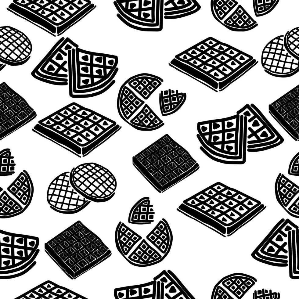 Seamless pattern of black silhouettes of waffles of various types on a white background, sweet pastries for breakfast or lunch vector