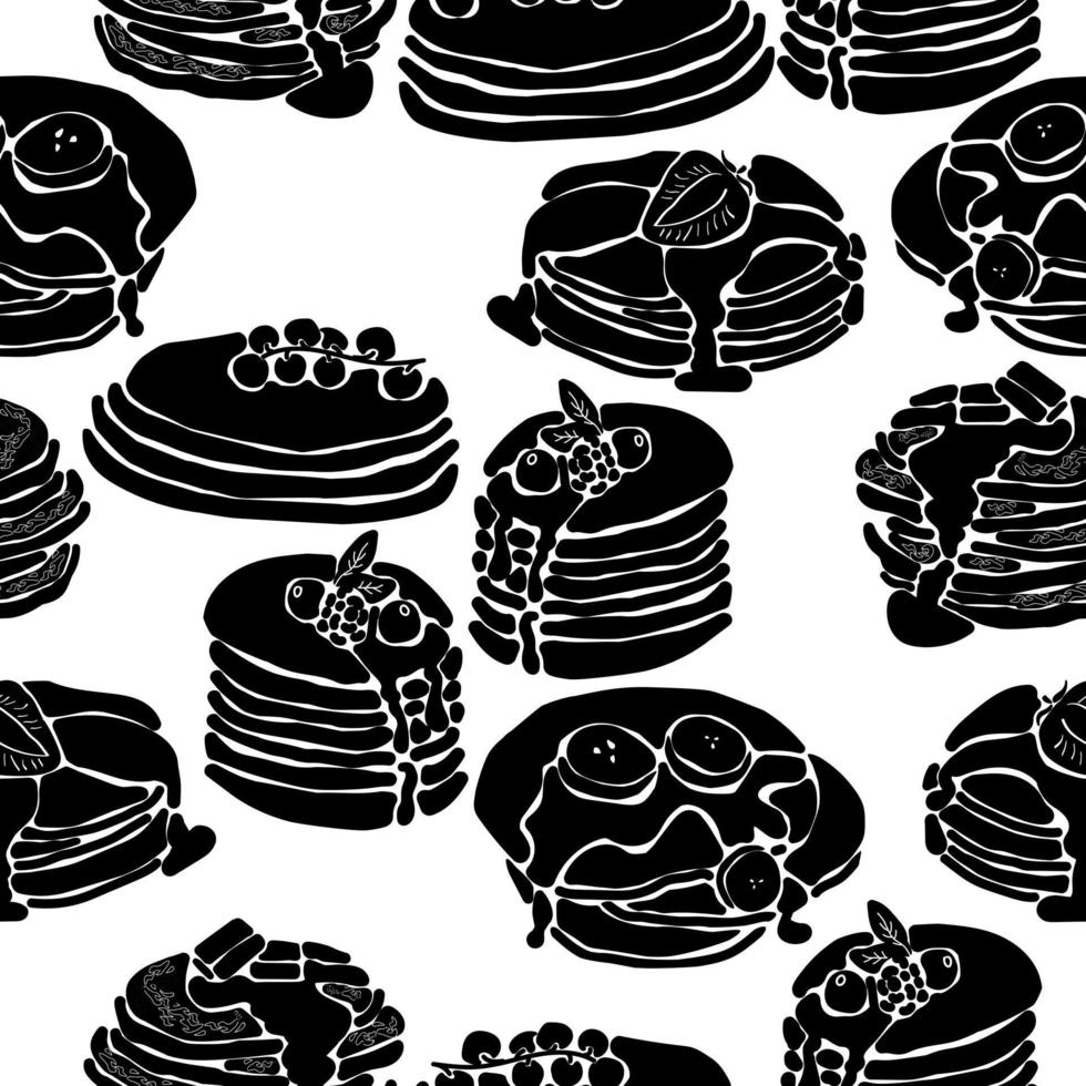 Seamless pattern of black silhouettes pancake with various sweet sauces and berries on a white background, sweet pastries for breakfast vector