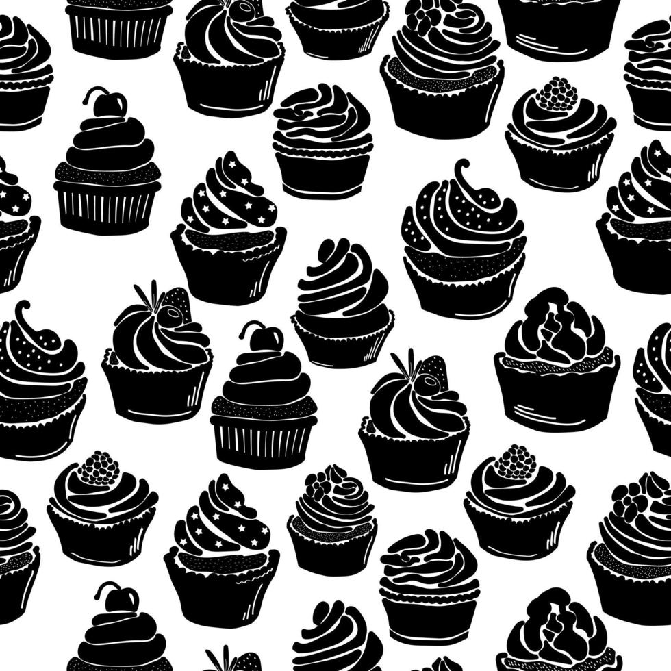 Patrón sin fisuras con siluetas negras de cupcakes con varios rellenos y detalles decorativos sobre un fondo blanco, pasteles dulces festivos para el desayuno vector