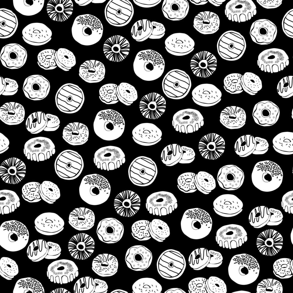 Seamless pattern with white silhouettes of donuts on a black background, round shape sweet pastries with icing and sprinkles vector