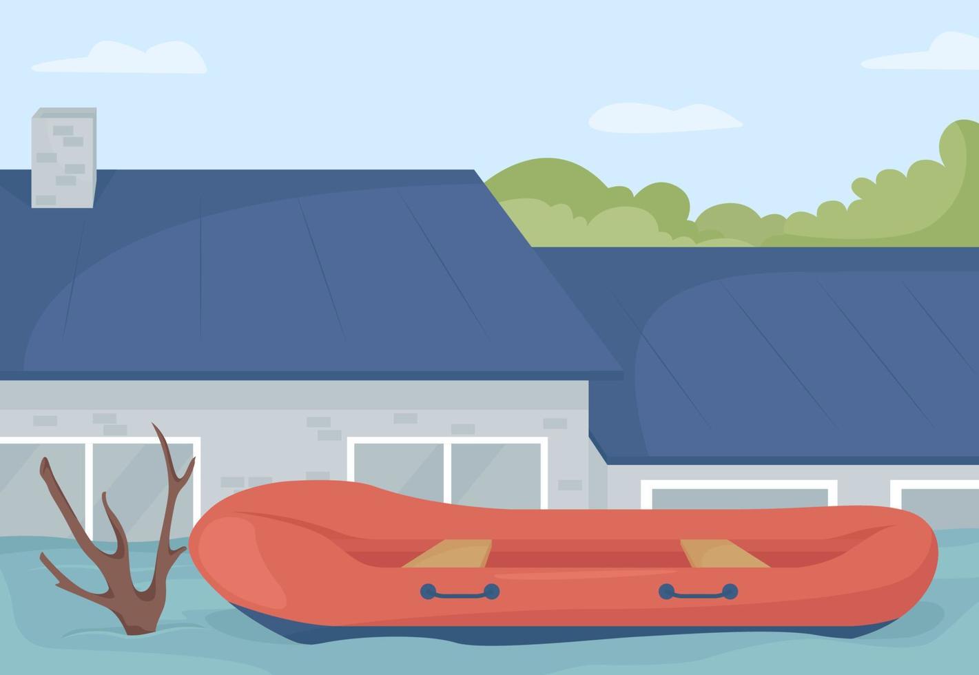 Floating flood rescue boat flat color vector illustration. Heavy rainfall consequences. Special rescue equipment. Urban area exposed to flooding 2D cartoon landscape with house roofs on background
