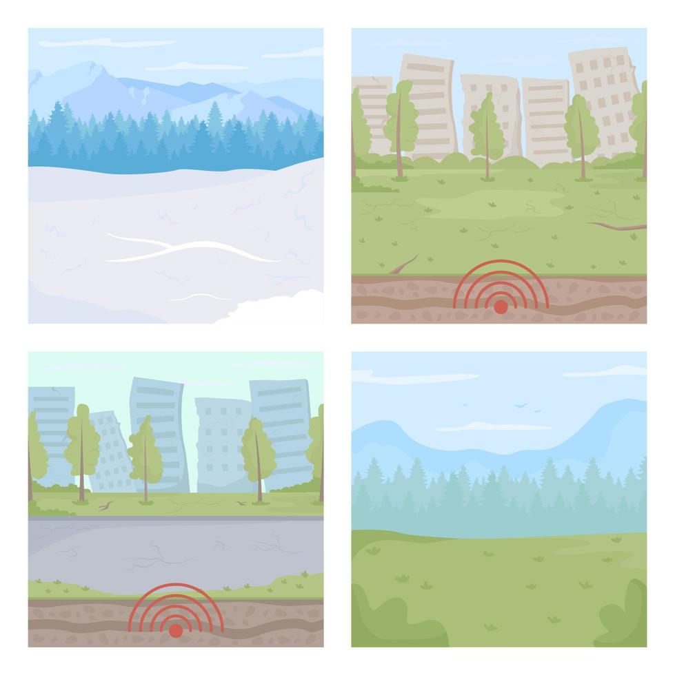 Conjunto de ilustraciones vectoriales de color plano de parques urbanos nacionales. montañas y bosques de invierno. ambientes naturales. colección de paisajes urbanos de dibujos animados 2d de daños por terremoto con edificios en el fondo vector