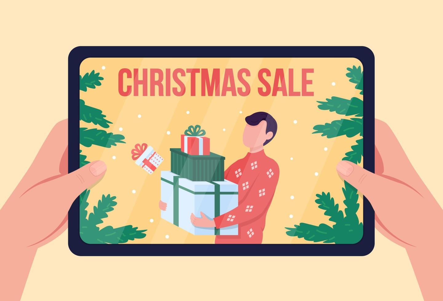 Christmas sale flat color vector illustration. Purchasing gifts and presents. Sale season in online shop. Stack of wrapped boxes. Internet store 2D cartoon first view hand with yellow background