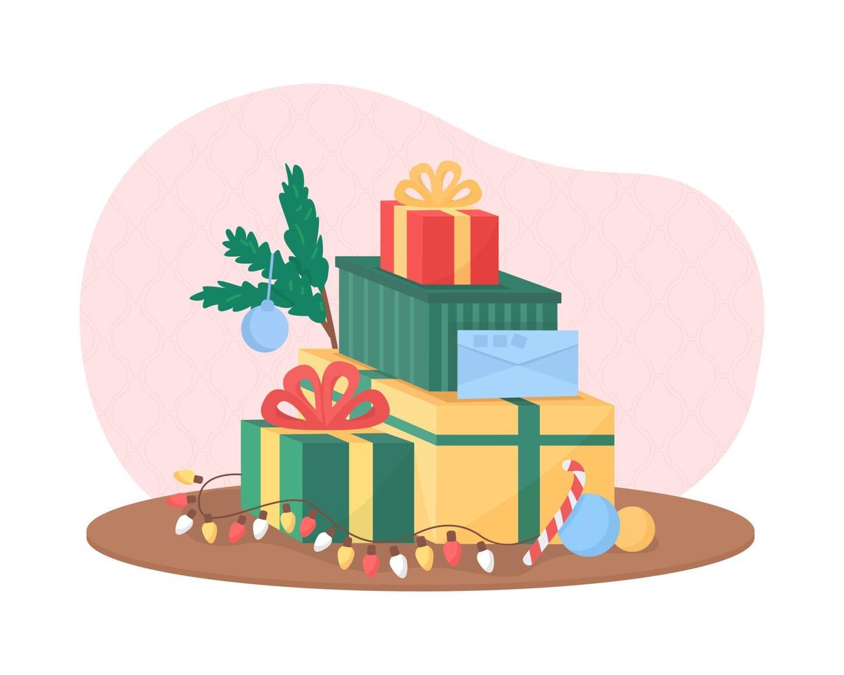 regalos de navidad 2d vector ilustración aislada. tradición festiva. Composición plana de regalos de vacaciones de invierno sobre fondo de dibujos animados. Cajas envueltas con cintas y arcos colorida escena.