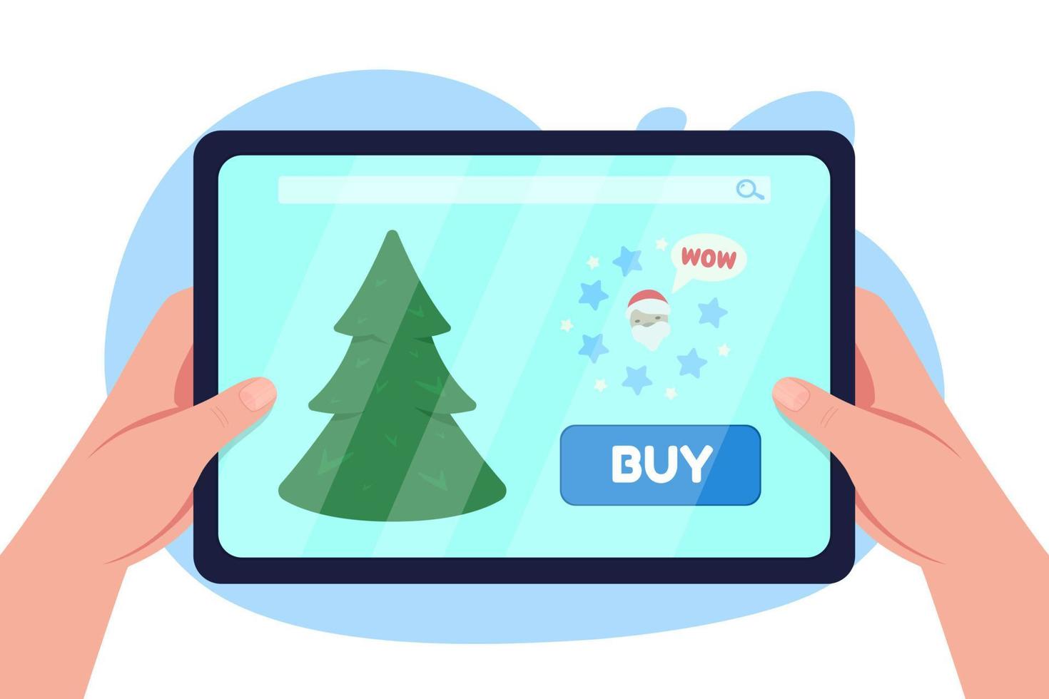 Buying Christmas tree online 2D vector isolated illustration. Festive holidays preparation. Ordering pine online flat first view hand on cartoon background. E-commerce colourful scene