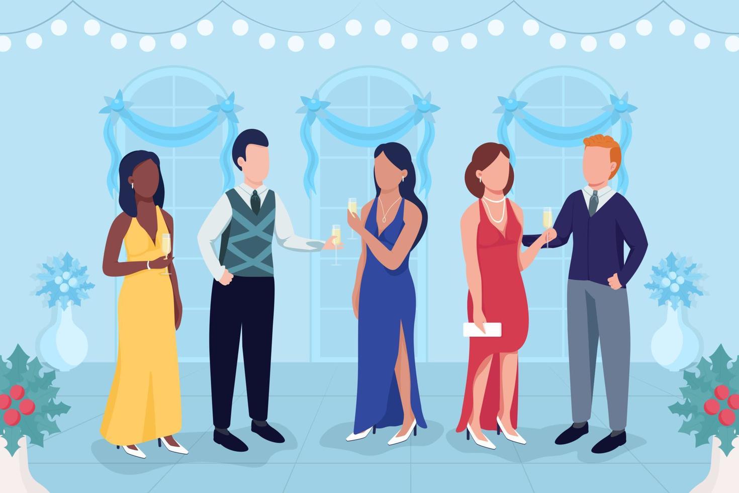 elegante ilustración de vector de color plano de fiesta de Navidad. reunión social para las fiestas navideñas. evento elegante. Personas en vestidos formales y trajes personajes de dibujos animados en 2d con interior en el fondo