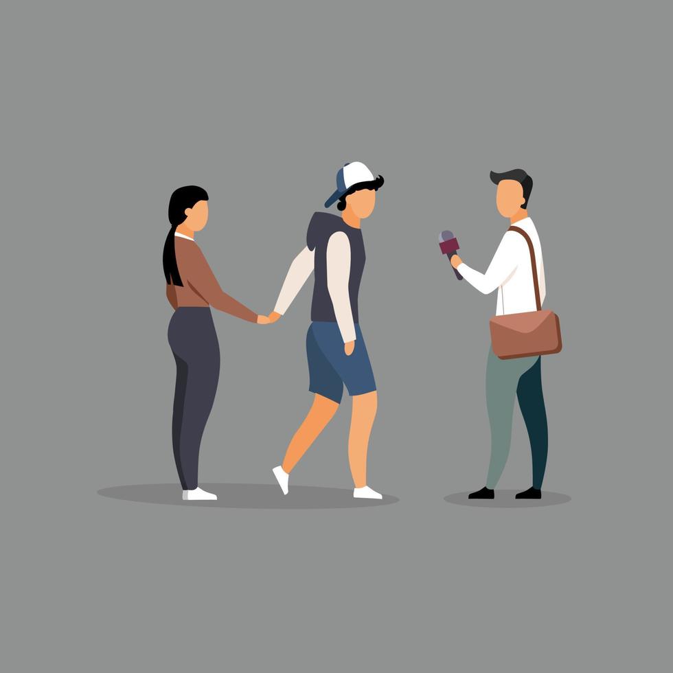 Journalist interviewing young couple on street flat illustration. Journalist with microphone cartoon characters on white background. Interviewer, reporter, correspondent asking people. Social poll vector