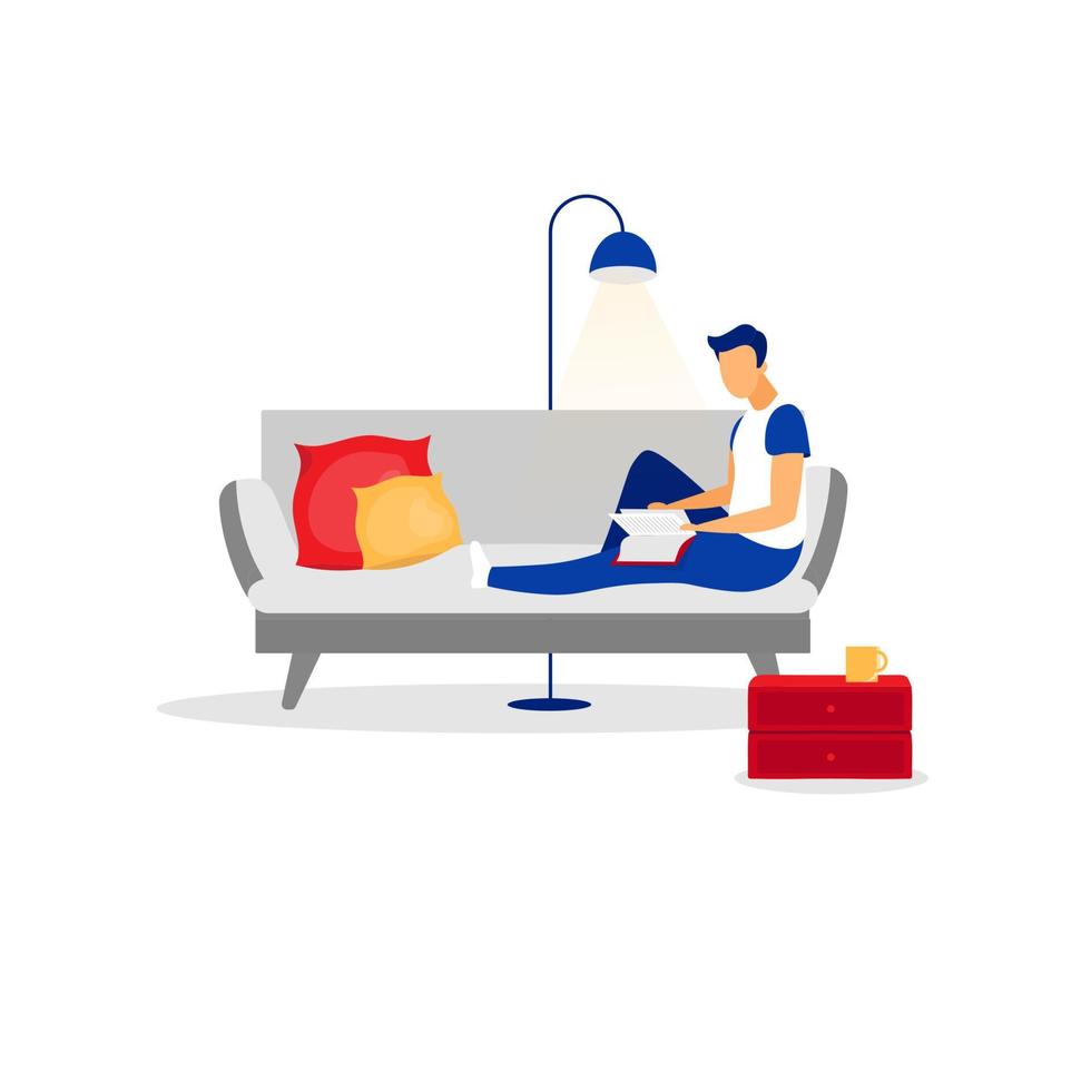 Man, entrepreneur, manager, businessman, male reading book flat vector illustration. Isolated cartoon character on white background. Pastime, leisure. Person sitting on sofa, relaxing with night lamp