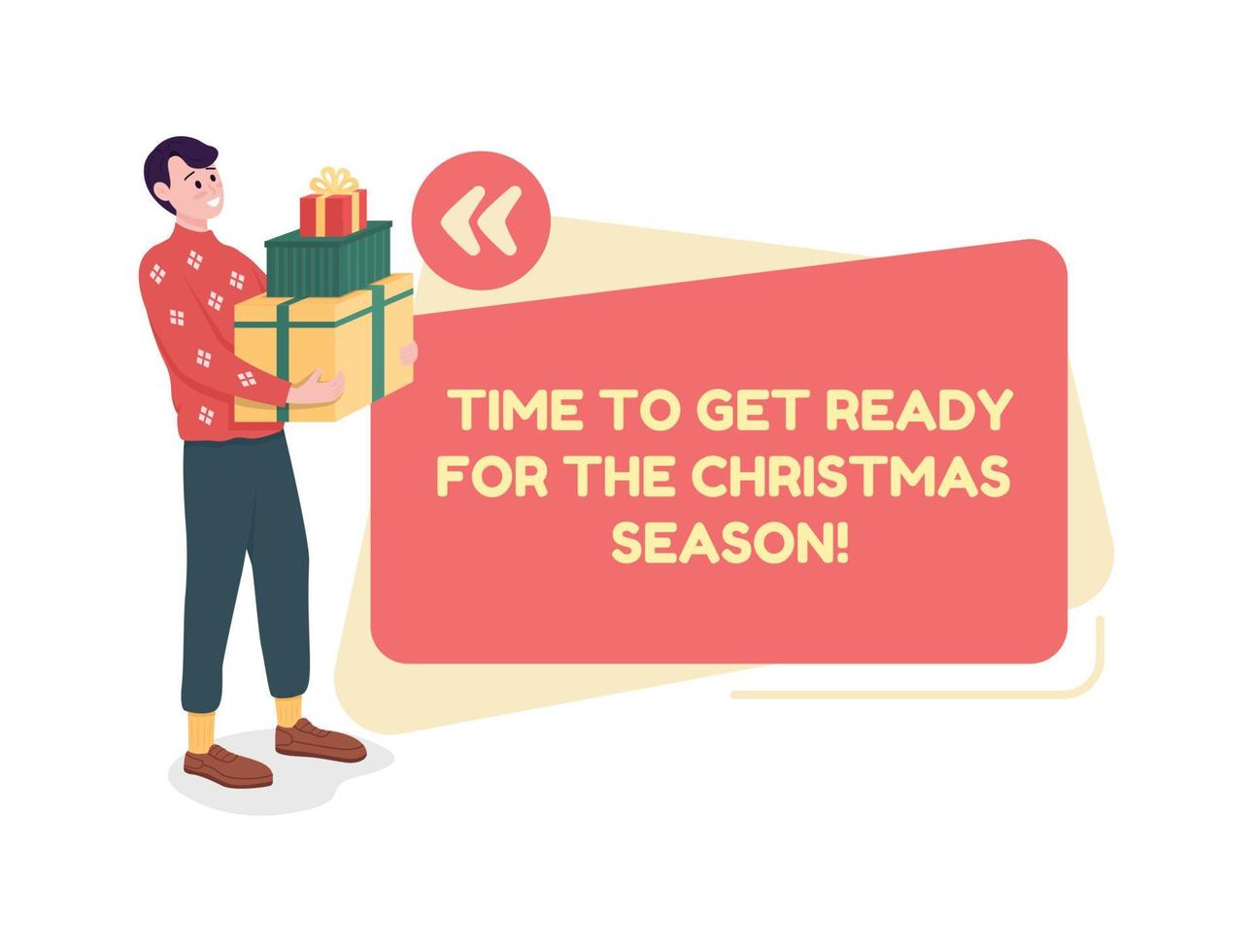 Christmas season preparation vector quote box with flat character. Buying gifts for New Year. Speech bubble with cartoon illustration. Colourful quotation design on white background