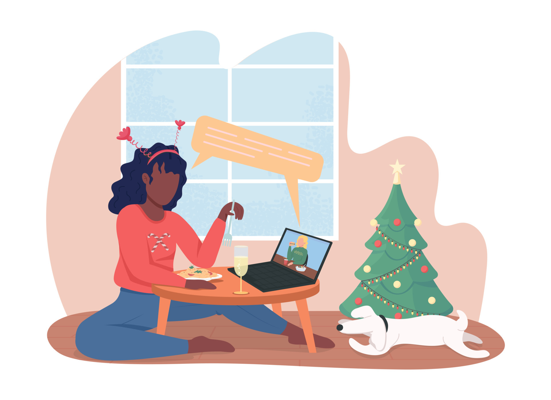 Virtual Christmas Dinner 2d Vector Isolated Illustration Girl On Video Call With Friend Flat Characters On Cartoon Background Social Distancing On Festive Holidays Colourful Scene Vector Art At Vecteezy