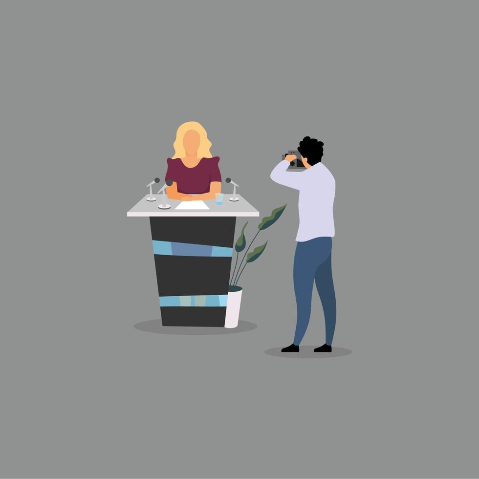 Politician, speaker on podium flat illustration. Photographer taking photos of famous woman, president, minister cartoon characters. Reporter, journalist with camera. Public speech, press conference vector