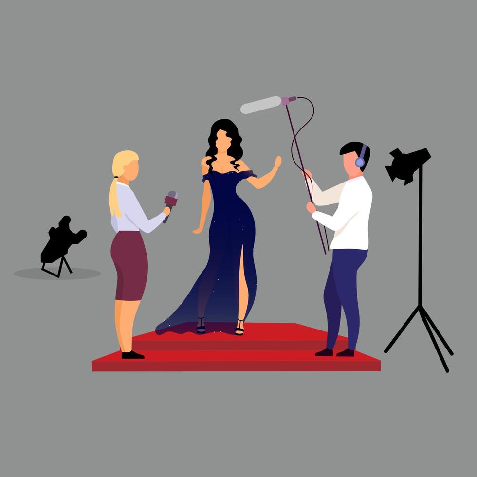 Journalists, reporters interviewing celebrity flat vector illustration. Interviewers with microphones asking movie star, female singer, famous person cartoon characters. Red carpet ceremony, concert
