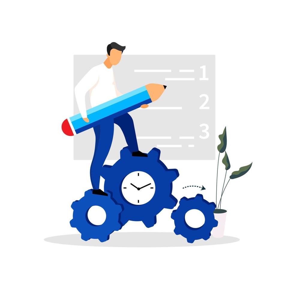 Man, entrepreneur, manager, businessman standing on clock gear flat vector illustration. Time management, to do list concept. Isolated cartoon character on white background. Day planning, office work