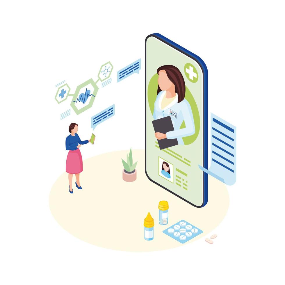 Doctor consulting online isometric illustration. Ill patient explaining symptoms to remote medical specialist cartoon character. Female general practitioner video conference with sick client vector