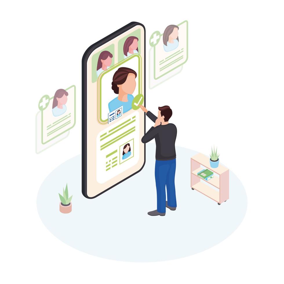 Choosing doctor online isometric illustration. Patient selecting physician profile on smartphone screen isolated character. Telemedicine personnel, specialists choice with telecommunication technology vector