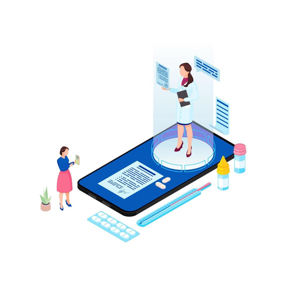 Online doctor appointment isometric illustration. Cartoon medical worker hologram prescribing pills, medication for patient isolated characters. Ill client informing remote doctor about symptoms vector