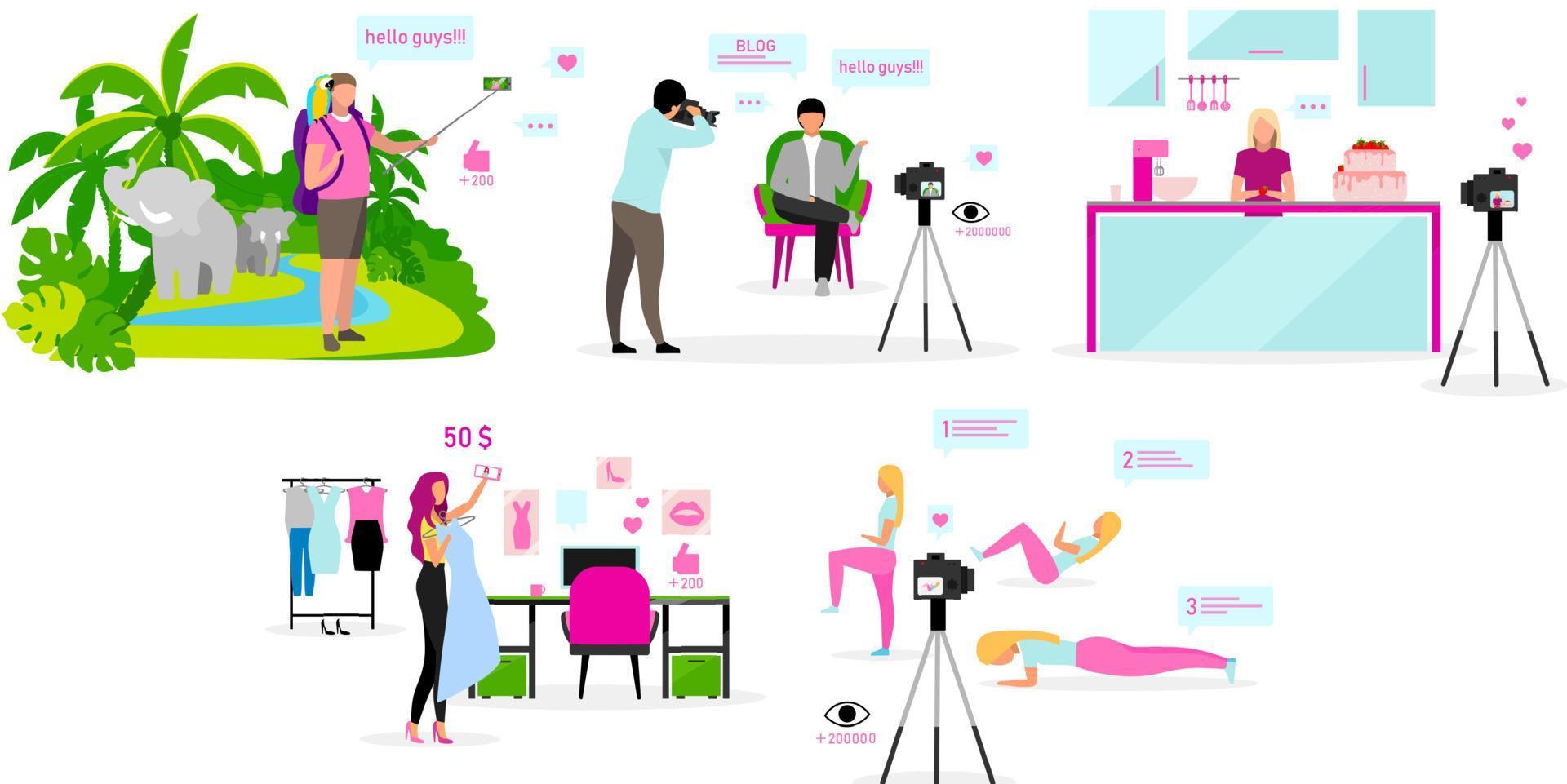 Bloggers flat vector illustrations set. Travel, fashion, sports and cooking blog. Filmmakers, influencers streaming video. Social media vlog content. Isolated cartoon character on white background