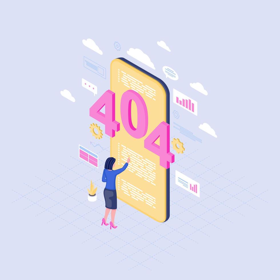 Smartphone browsing problem isometric illustration. 404 error message on mobile phone screen. Female user reading lost server connection notification. IT expert solving internet failure vector