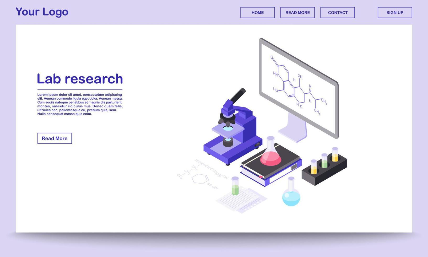 Plantilla de página web isométrica de herramientas de investigación de laboratorio. moderno equipo de laboratorio, microscopio 3d, vasos de precipitados. fórmula de sustancia química en pizarra grande, pantalla. página de inicio del centro científico con espacio de texto vector