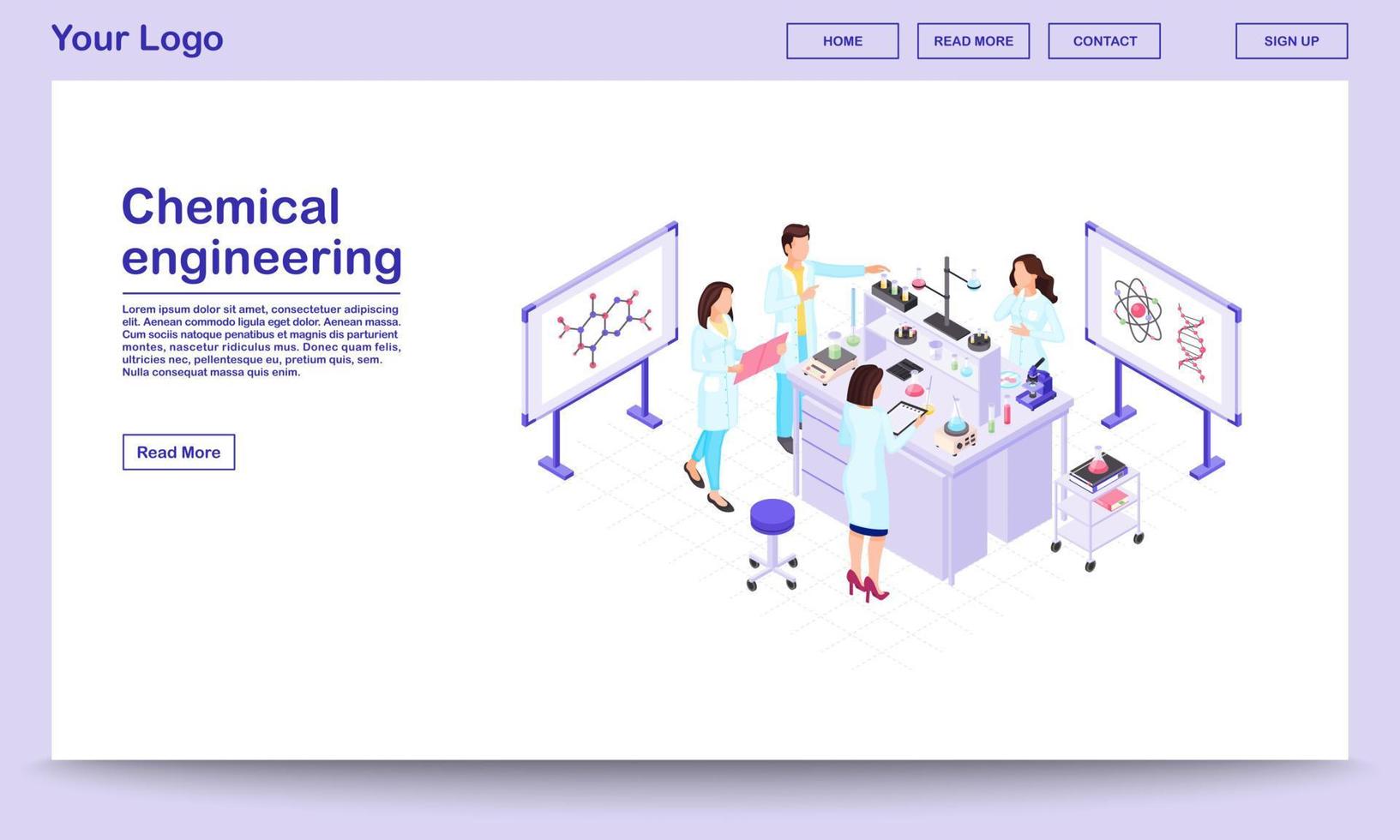 Chemical engineering isometric webpage template. Biochemistry researchers making tests in beakers. Scientific lab with professional equipment and digital boards. Pharmaceutical company website vector