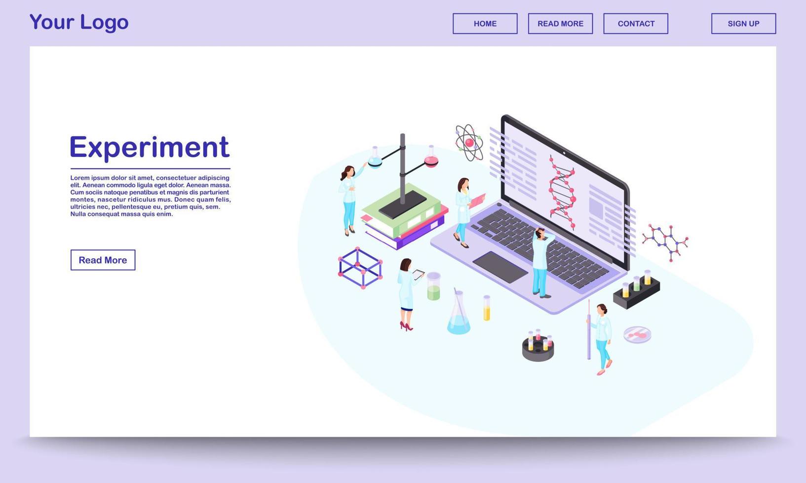 Genetic engineering isometric website template. Scientists analyzing DNA spiral on laptop screen. Biotechnology experts, researchers making experiments in modern lab. Geneticists team landing page vector