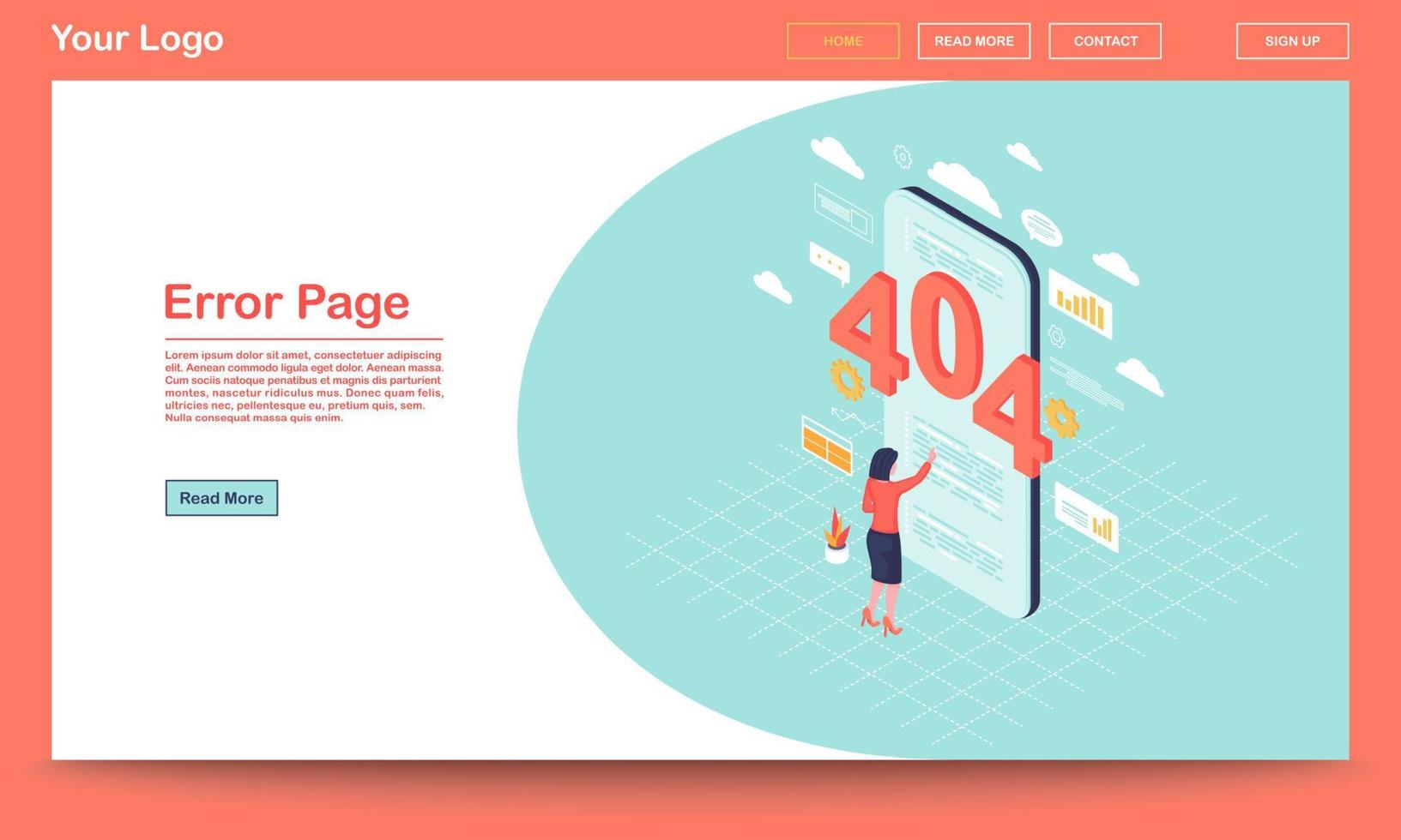 Error page isometric landing page template. 404 broken link notification on smartphone. User, client web search malfunction experience. Server not found message on webpage with text space vector