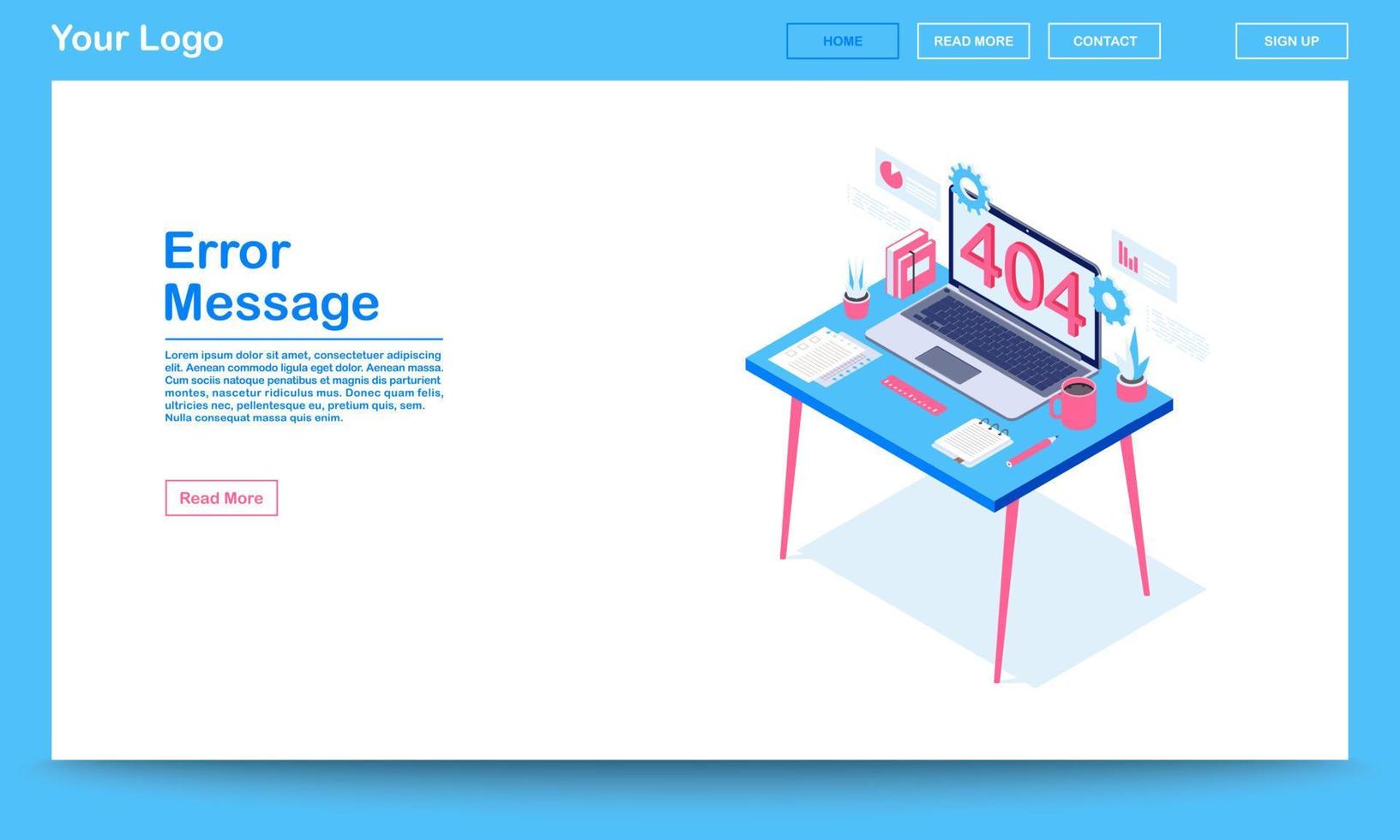 Error message isometric landing page template. 404 error webpage with text space. Server not found, broken link notification on laptop display. Browsing problem standard code webpage vector