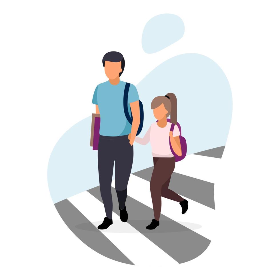 Schoolchildren crossing the road flat vector illustration. Older brother with younger sister holding hands on crosswalk cartoon characters. Preteen schoolgirl and teenage schoolboy on white background