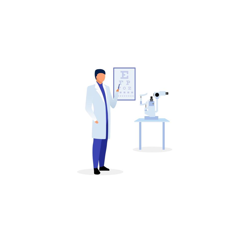 Doctor with eyesight chart flat vector illustration. Ophthalmologist checking visual acuity. Therapist pointing on vision test snellen chart cartoon character. Ophthalmological eyes examination
