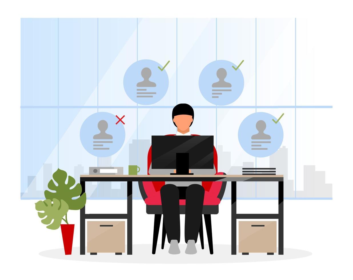 Choosing candidates at HR agency flat illustration. Chief expert, boss selecting applicants for interview. Headhunter, recruiting specialist declines unsuitable jobseeker. Analysing resume, CV at PC vector