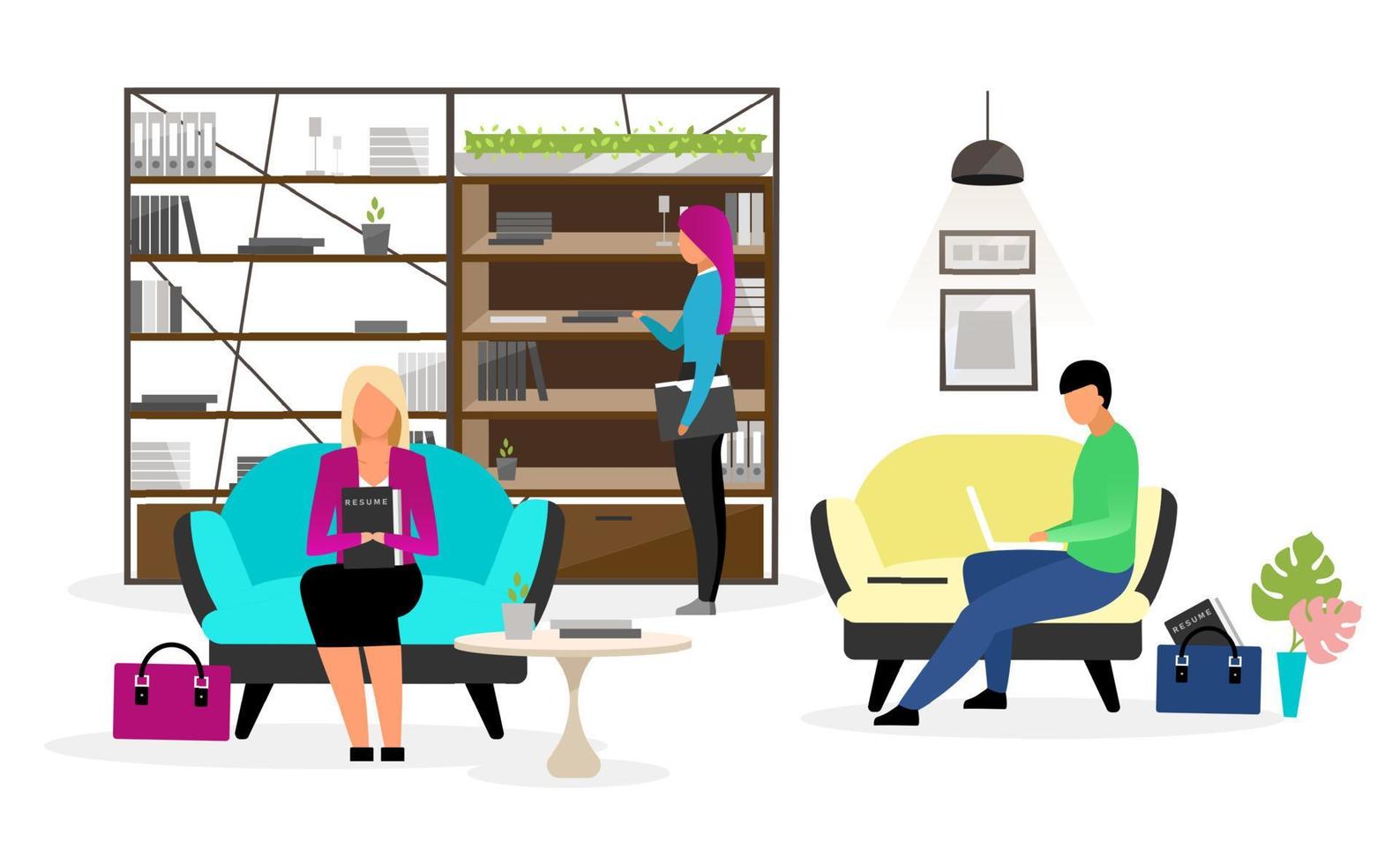 Applicants at HR agency flat vector illustration. Nervous candidates waiting for interview. Recruiting company clients. Young job seekers expecting meeting with headhunter, job search expert