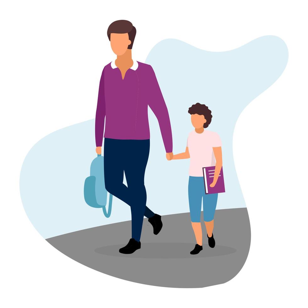 Father with son flat illustration. Older and younger brothers going home and holding hands cartoon characters. Teenage and preteen schoolchildren with textbook and backpack. Parent and schoolboy vector