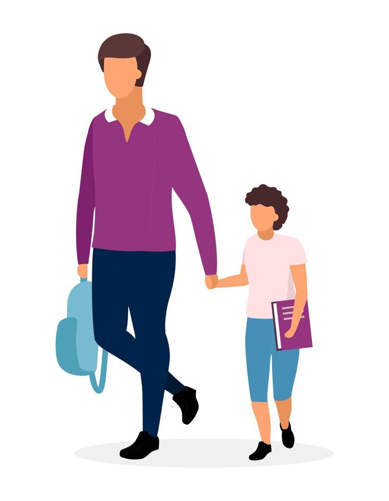 Father with schoolboy flat illustration. Older and younger brothers going to school holding hands cartoon characters. Teenage and preteen schoolchildren with textbook and backpack. Parent and son vector