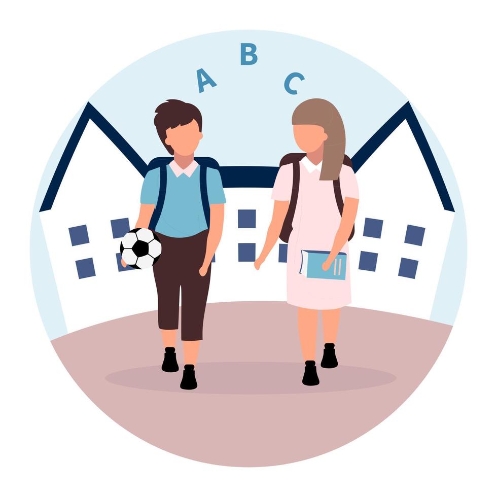 School friends flat illustration. Schoolboy and schoolgirl with backpacks cartoon characters isolated on white background. Preteen schoolchildren going home after lessons. Classmates, schoolmates vector