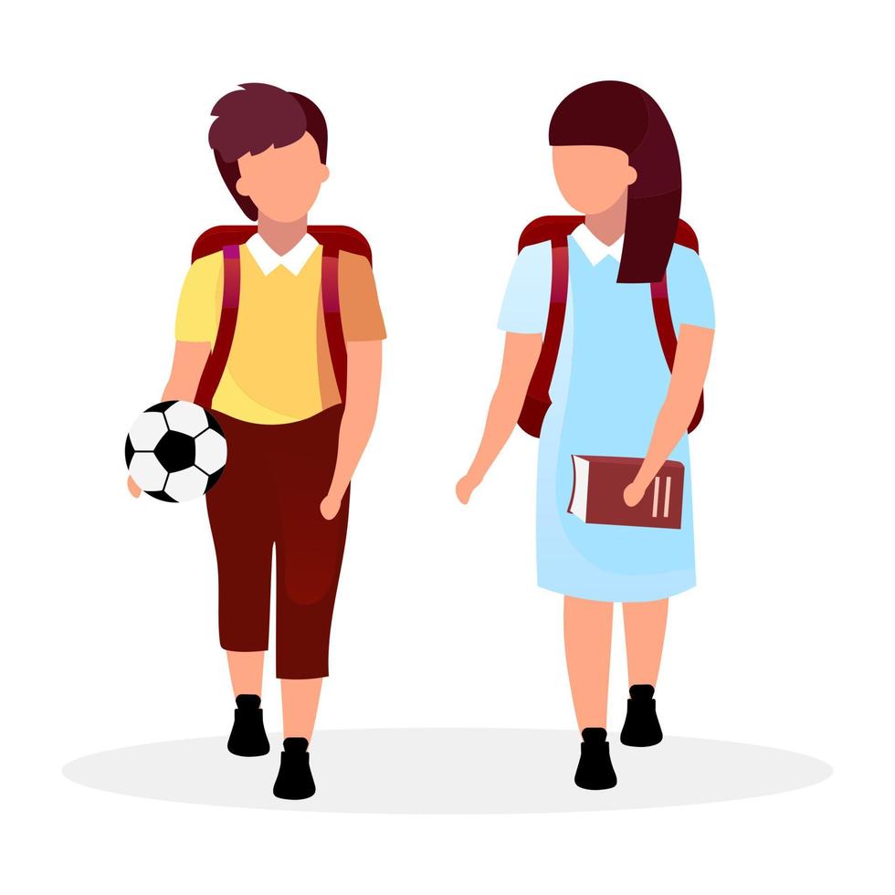 Classmates flat vector illustration. Schoolboy and schoolgirl with backpacks cartoon characters isolated on white. Preteen schoolchildren going to school, home. Girl with book and boy with ball