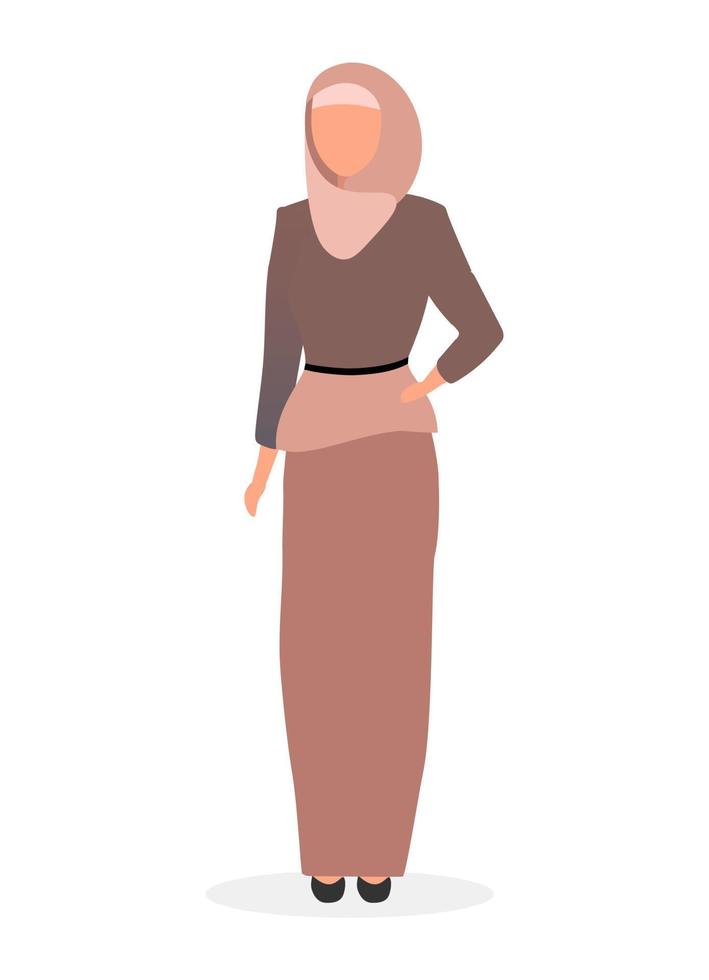 Ilustración de vector plano de mujer musulmana. dama elegante islámica en personaje de dibujos animados hijab aislado sobre fondo blanco. niña saudita confiada con abaya. lookbook de modelo de moda árabe