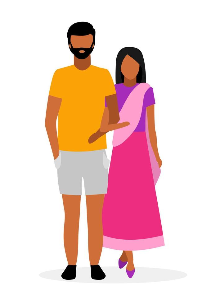 Ilustración plana de la familia india. personajes de dibujos animados de pareja asiática. esposa en dhoti indio tradicional y marido en ropa casual aislado sobre fondo blanco. mujer india tradicional, llevando, sari vector