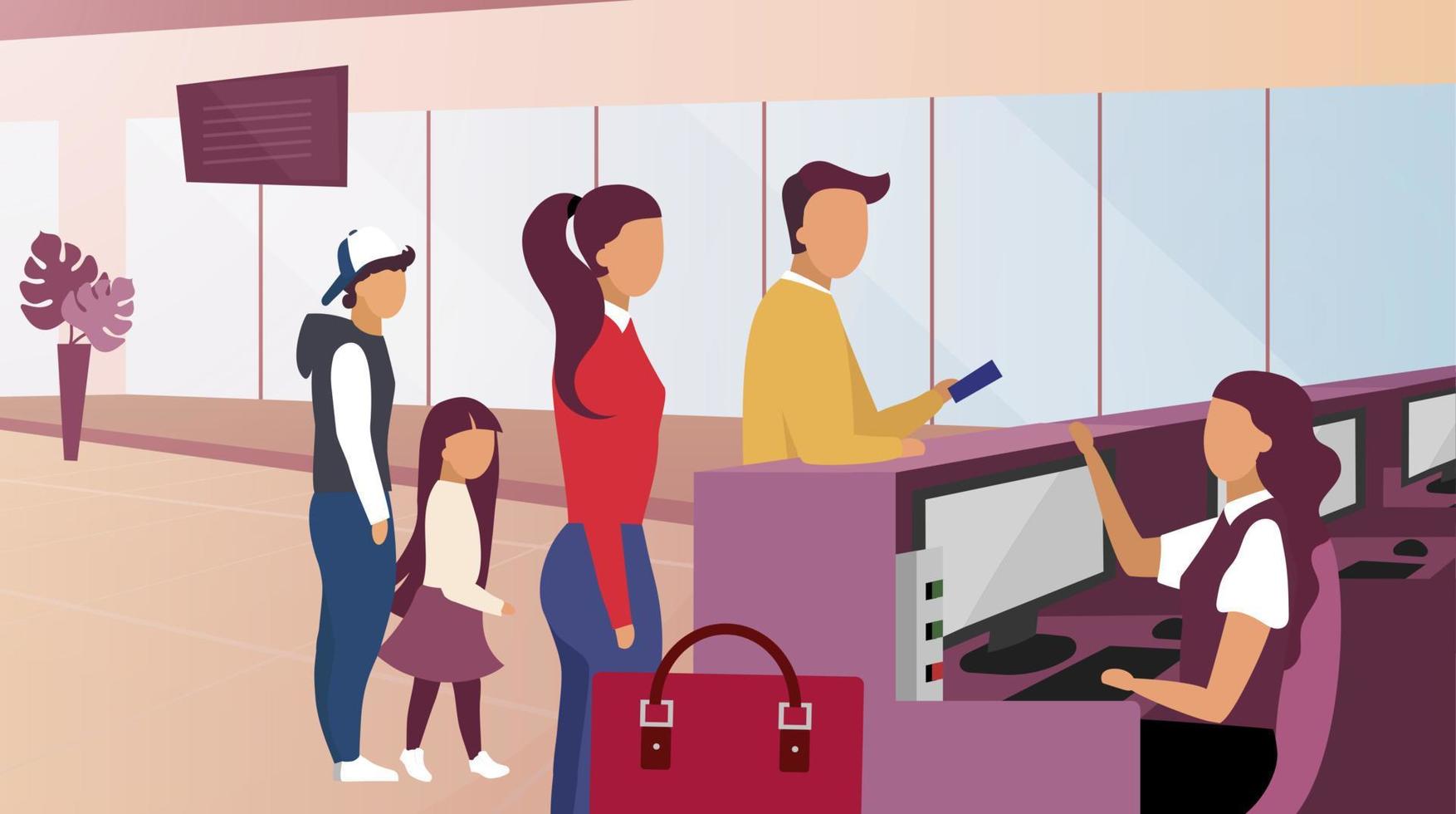 Passport control in airport flat vector illustration. Parents providing documents to customs officer. Family showing tickets, boarding pass to airport employee. Kids waiting for flight registration