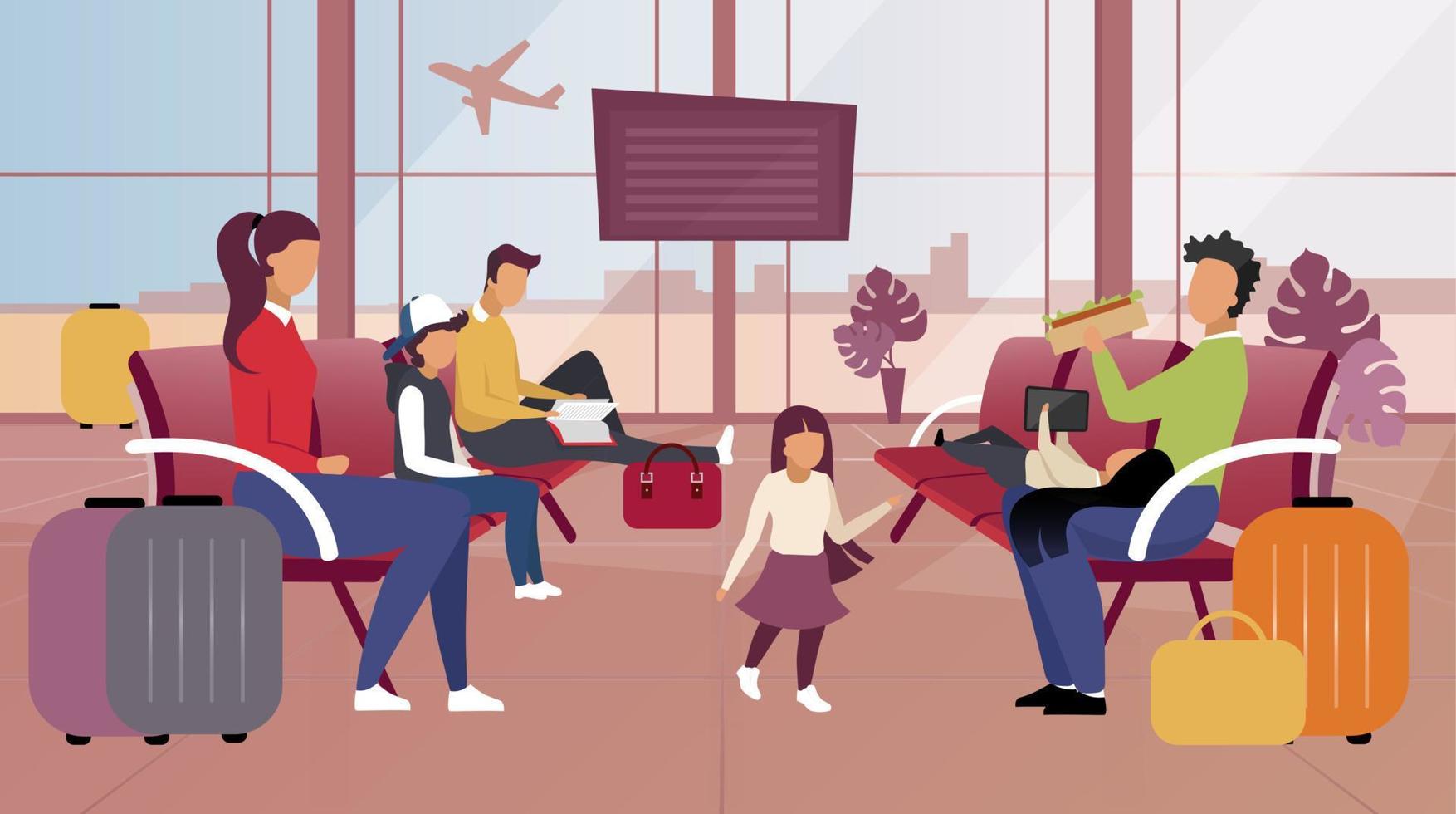 turistas en la ilustración de vector plano de aeropuerto. pasajeros en la sala de espera esperando la salida, abordando personajes de dibujos animados. viajeros con equipaje con refrigerio, libro de lectura, niños jugando