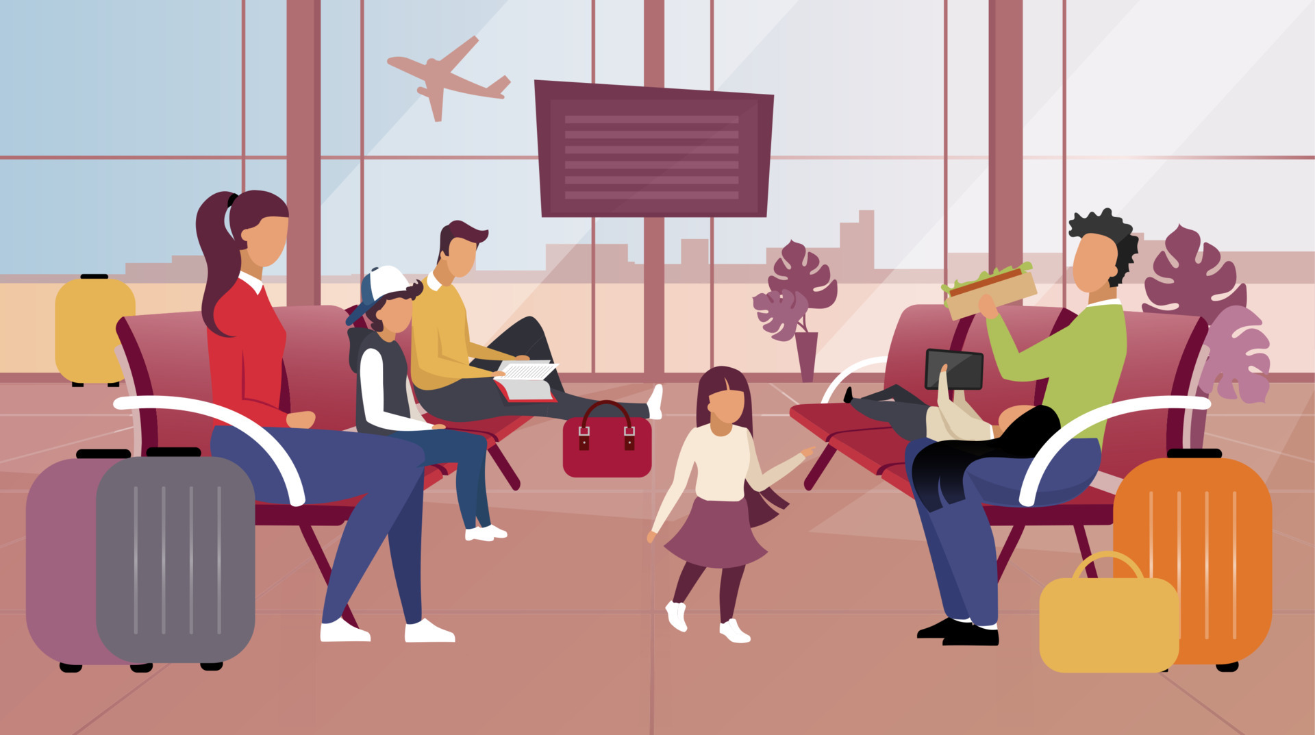 Tourists in airport flat vector illustration. Passengers in waiting room  expecting departure, boarding cartoon characters. Travellers with luggage  having snack, reading book, children playing games 4379169 Vector Art at  Vecteezy