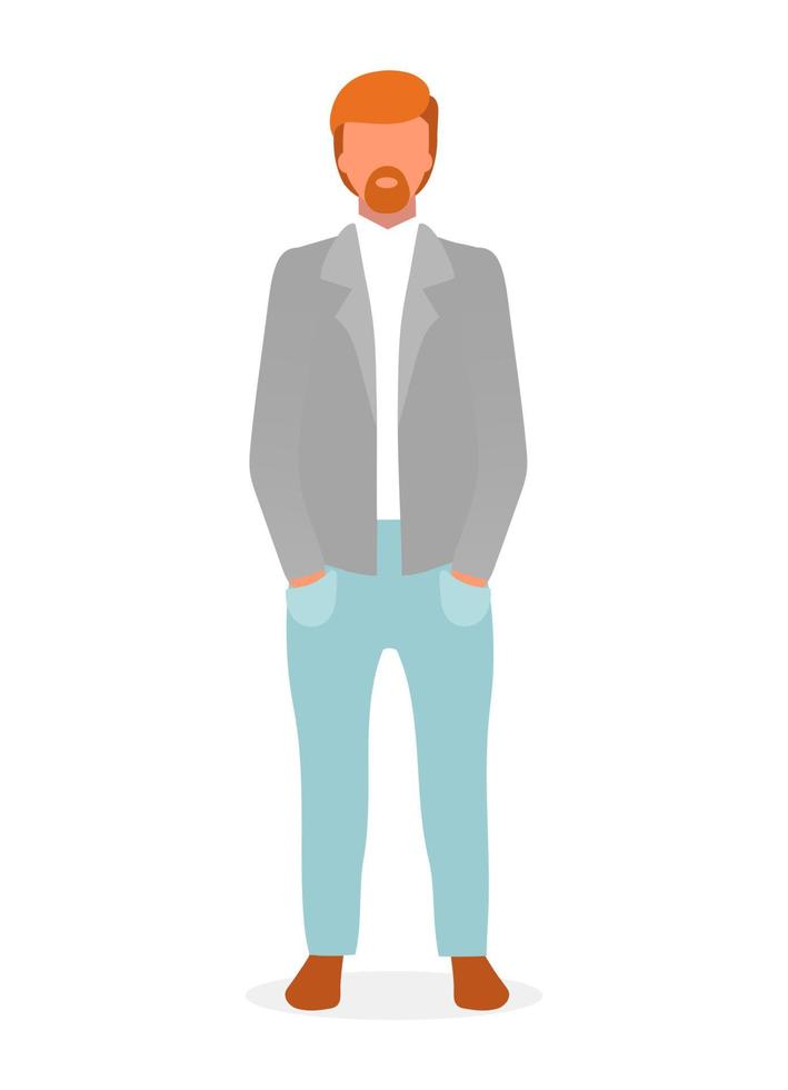Casual style red haired guy flat vector illustration. Confident man in formal menswear cartoon character. Fashion model lookbook. Successful businessman, top manager isolated on white background