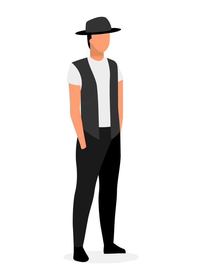 Ilustración de vector plano hipster joven. chico con ropa de estilo callejero y sombrero fedora personaje de dibujos animados aislado sobre fondo blanco. modelo de moda para hombre. hombre confiado con las manos en los bolsillos