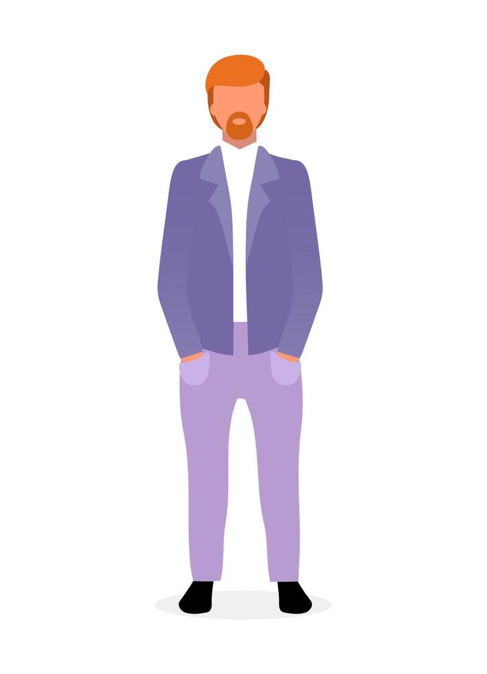 Red haired bearded man flat vector illustration. Confident guy in formal suit with hands in pocket. Stylish businessman in office style menswear. Male fashion model. Top manager cartoon character