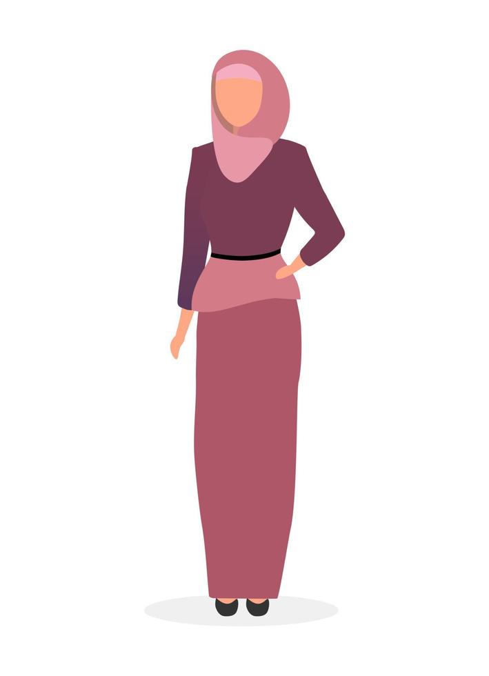 Woman in hijab flat vector illustration. Saudi, arabian girl wearing abaya isolated cartoon character on white background. Muslim elegant lady with scarf. Fashion model in islamic traditional clothing