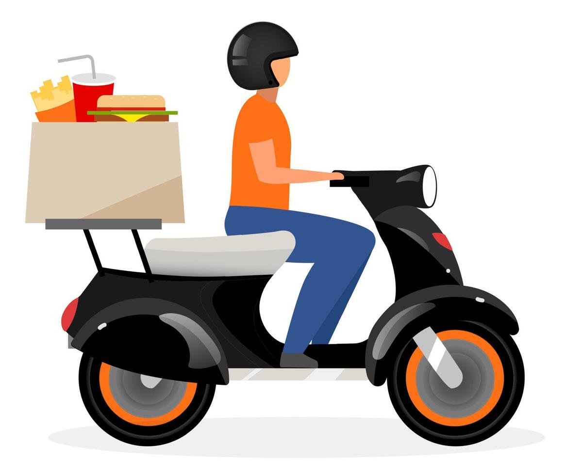 Fast food delivery courier flat vector illustration. Deliveryman driving motorbike with food parcel cartoon character on white background. Young boy riding bike. Motorcyclist delivering cafe order