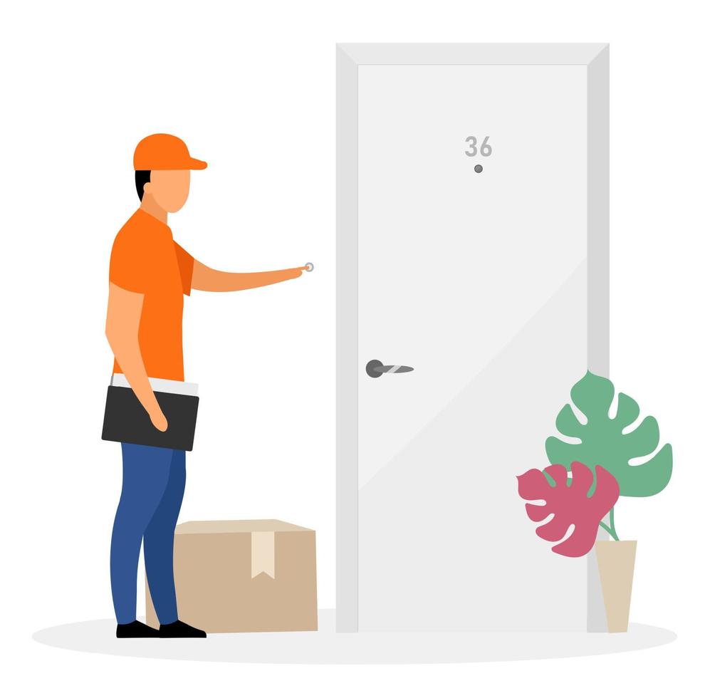 Home delivery service flat vector illustration. Freight forwarder, courier man delivered parcel at door isolated cartoon character. Deliveryman with order ringing doorbell. Shipping service concept