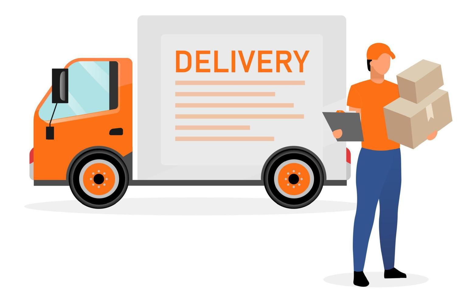 Delivery van driver with parcels flat character. Courier, postman, deliveryman holding cardboard boxes and order receipt isolated cartoon illustration on white background. Shipping service transport vector