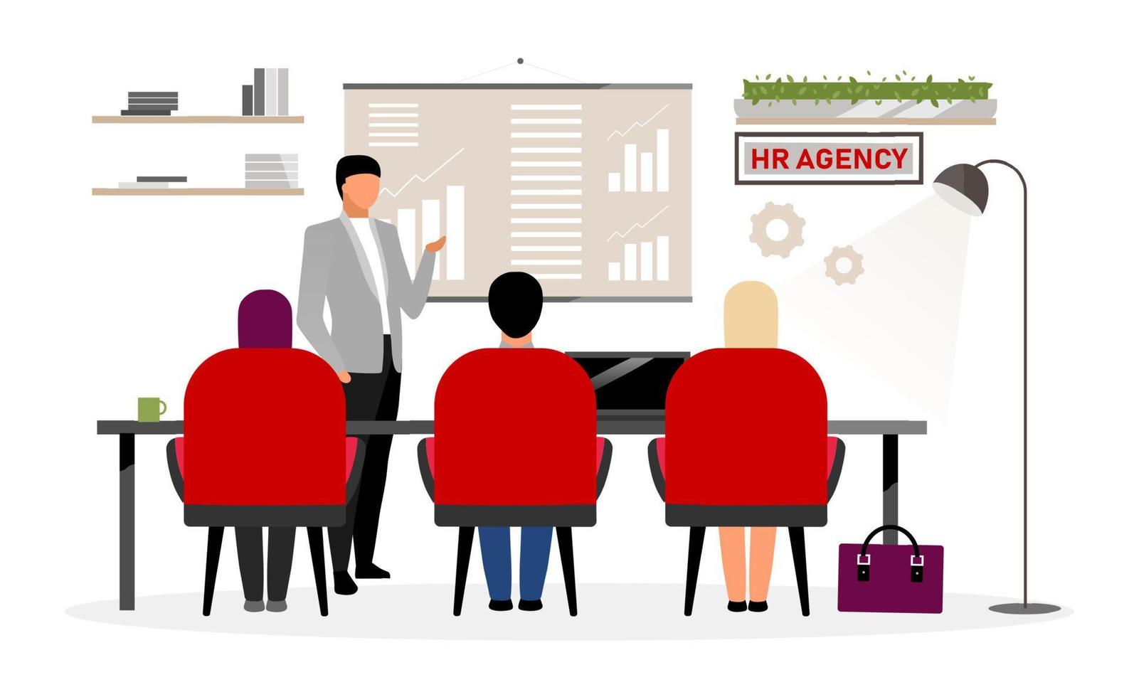 HR agency workers meeting flat vector illustration. Boss, top manager making presentation, report. Chief expert giving instructions to headhunters, talent scouts about staff, personnel requirements