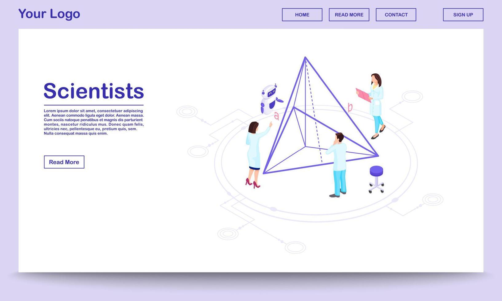 Computer assisted science isometric webpage template. Scientists with AI assistant. Geometry experts calculating pyramid proportions, doing 3d modelling. Hi-tech research center landing page vector