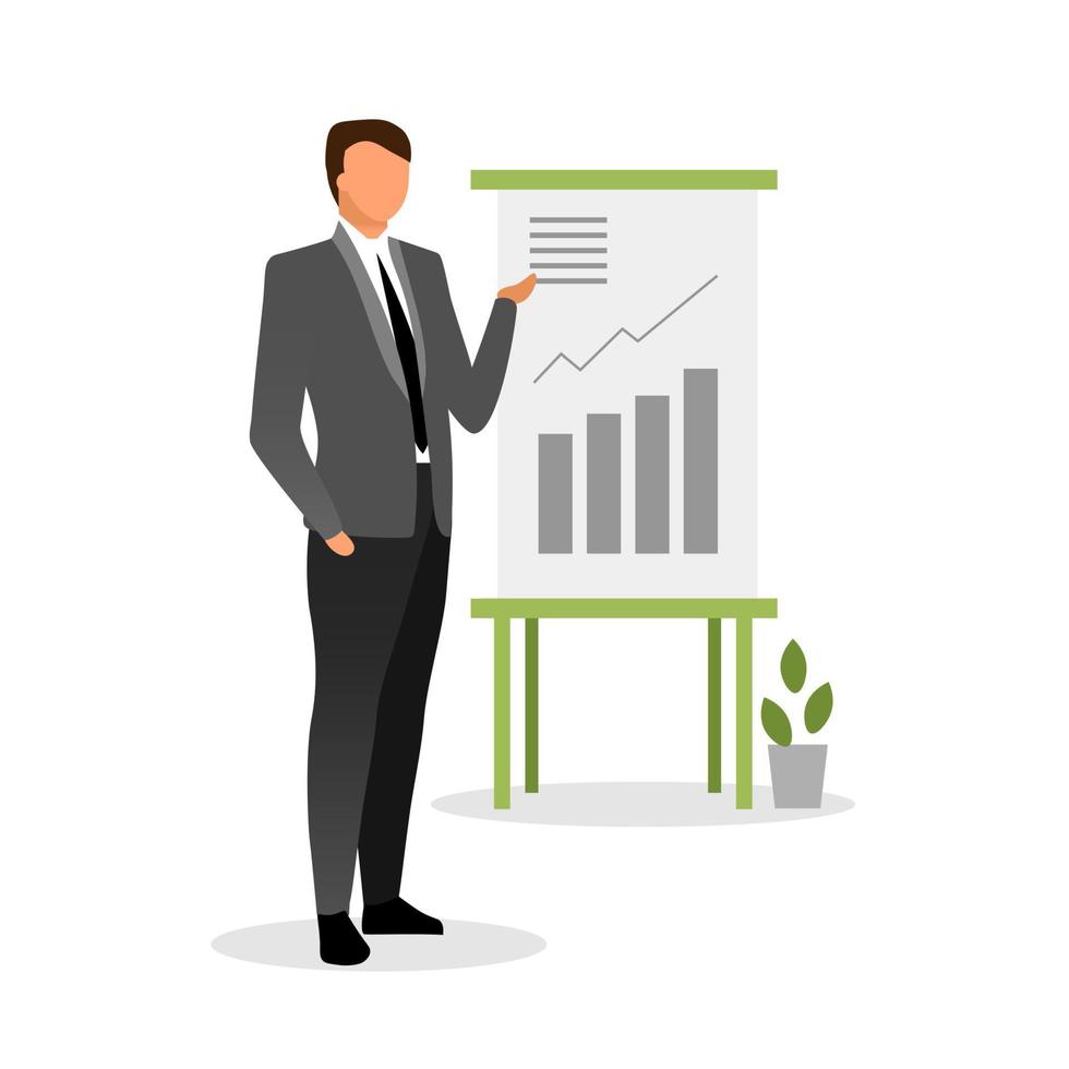 Top manager making report vector illustration. Banking system expert, finance analyst explaining growth rates. Economist providing statistical analysis, data visualization in charts, diagram bars